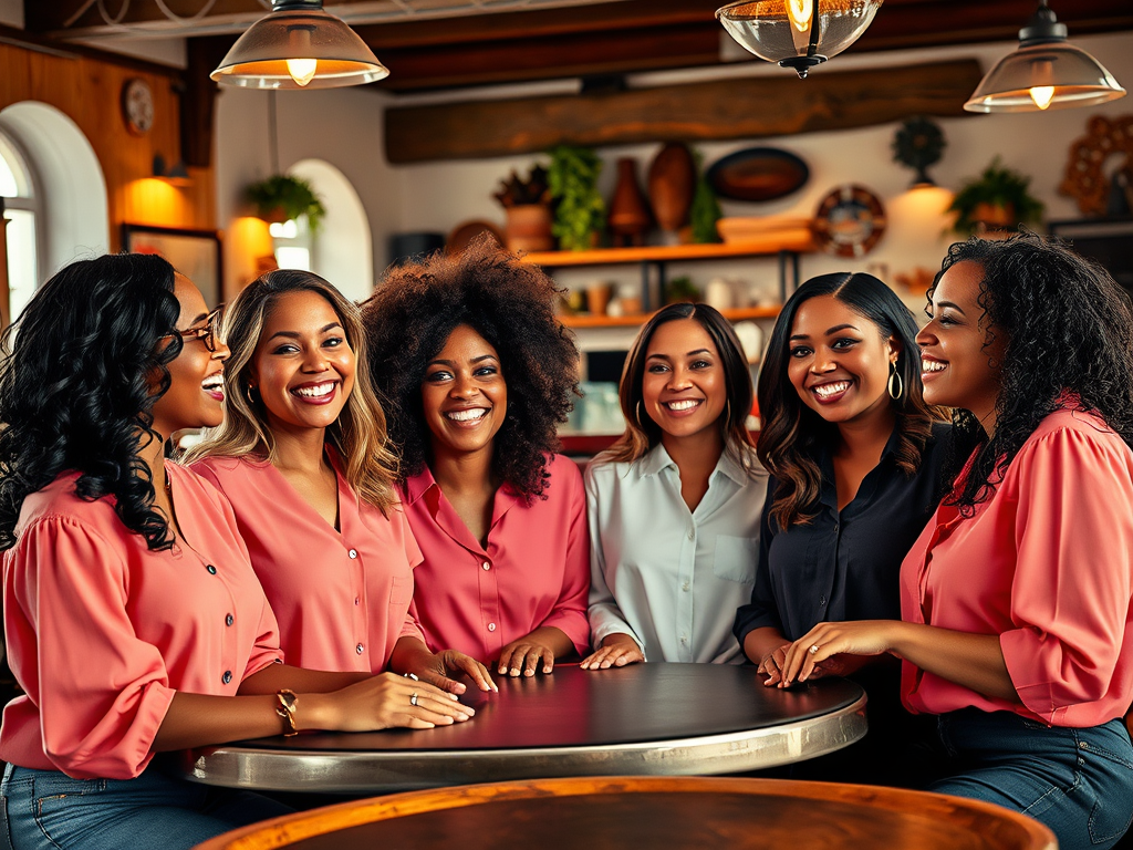 Zes vrouwen met lachende gezichten zitten rond een ronde tafel in een sfeervolle ruimte.