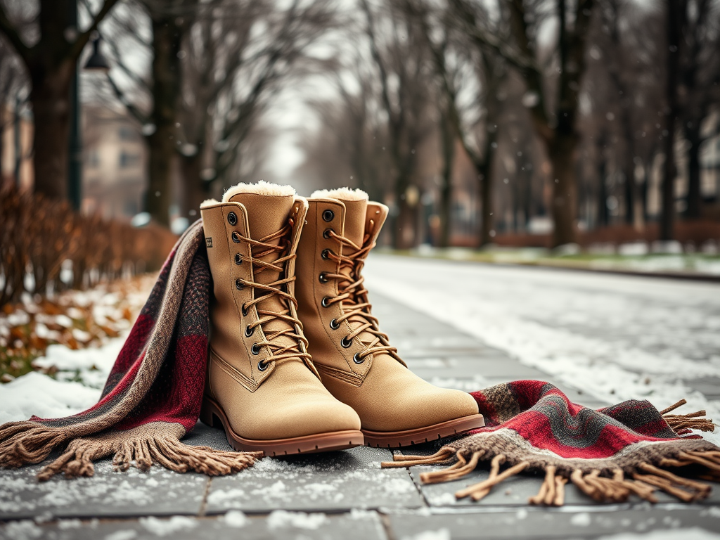 Twee beige winterlaarzen liggen op de grond met een rood-bruine sjaal in een besneeuwd straatlandschap.