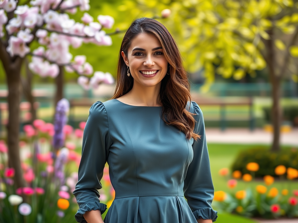 Een vrouw in een groene jurk staat glimlachend in een bloeiende tuin met kleurrijke bloemen op de achtergrond.