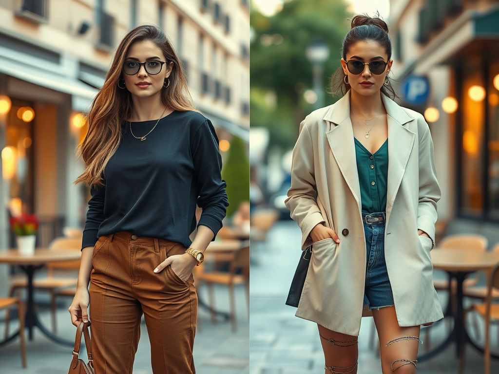 Twee modebewuste vrouwen in een straat, één in casual kleding en de ander in een stijlvolle jas.