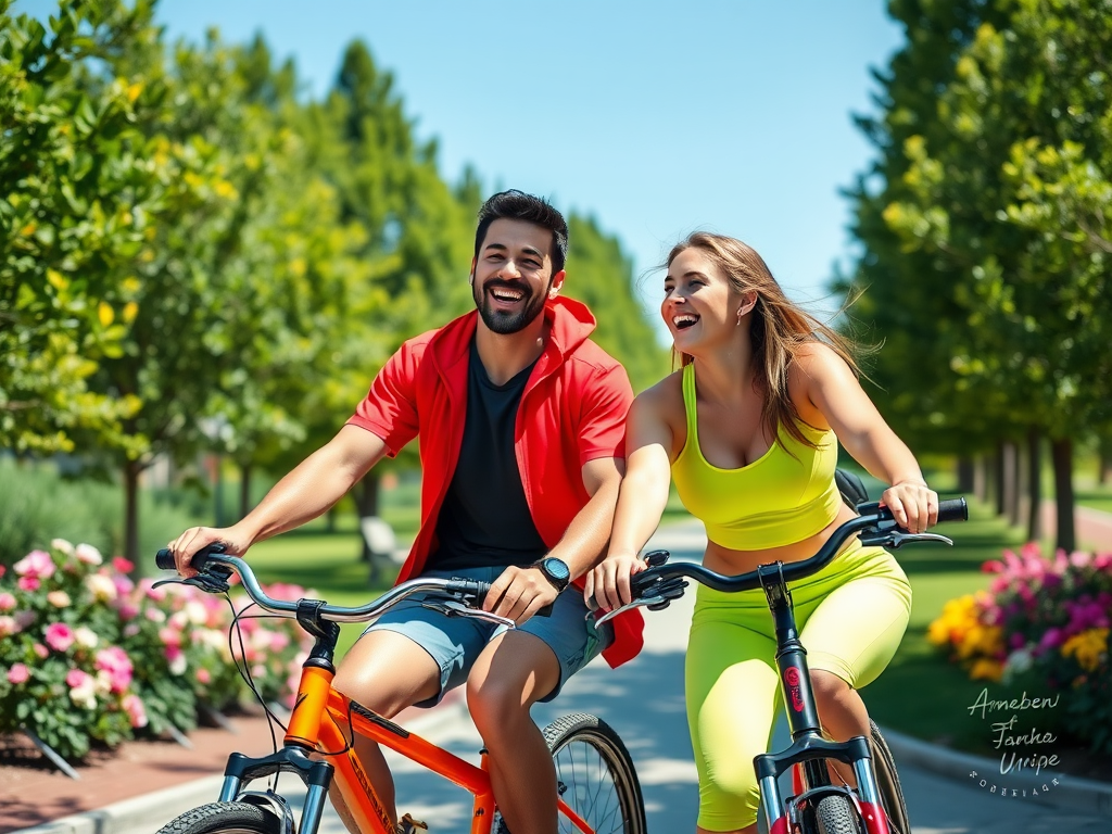 Een man en vrouw fietsen vrolijk door een park op een zonnige dag, omringd door groen en bloemen.