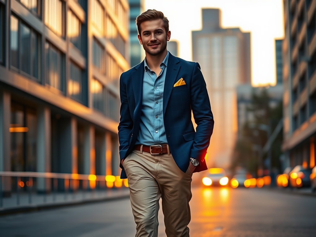 Een man in een blauw костюм met een gele pochet wandelt vrolijk door een verlichte stad bij zonsondergang.