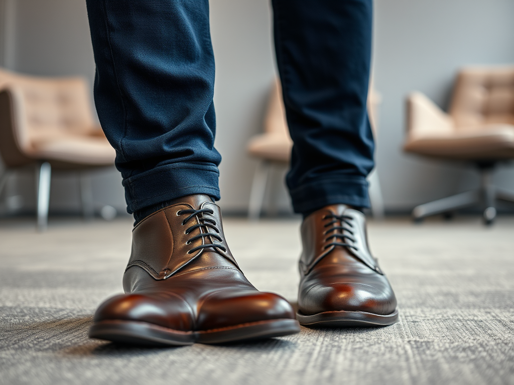 Een close-up van stijlvolle bruine leren schoenen met een donkerblauwe broek, in een moderne kantooromgeving.