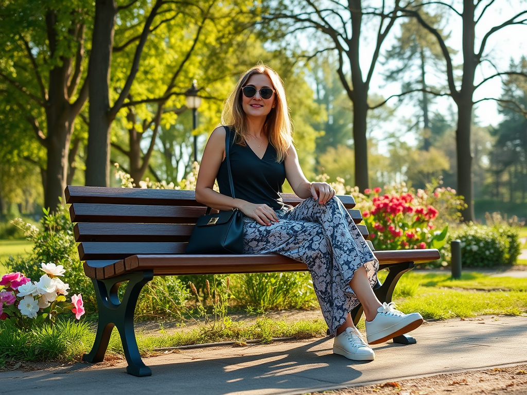 Een vrouw met zonnebril zit op een bankje in het park, omringd door bloemen en bomen.