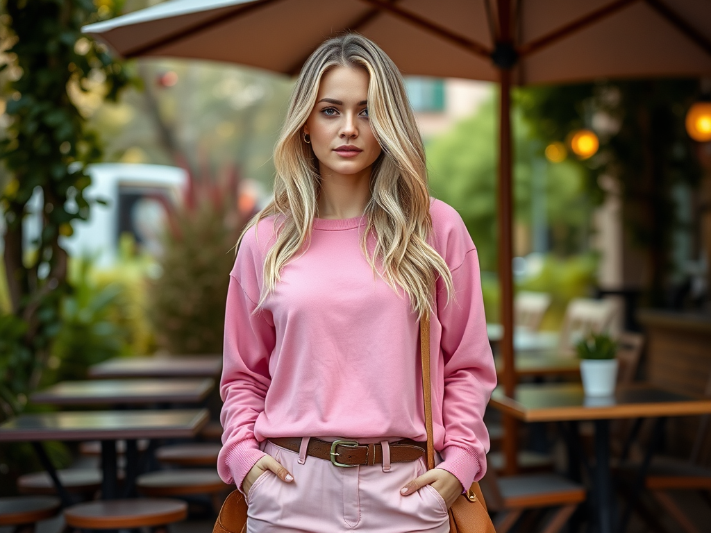 Een vrouw met lang blond haar, gekleed in roze, poseert buiten bij een café met houten tafels en groen.