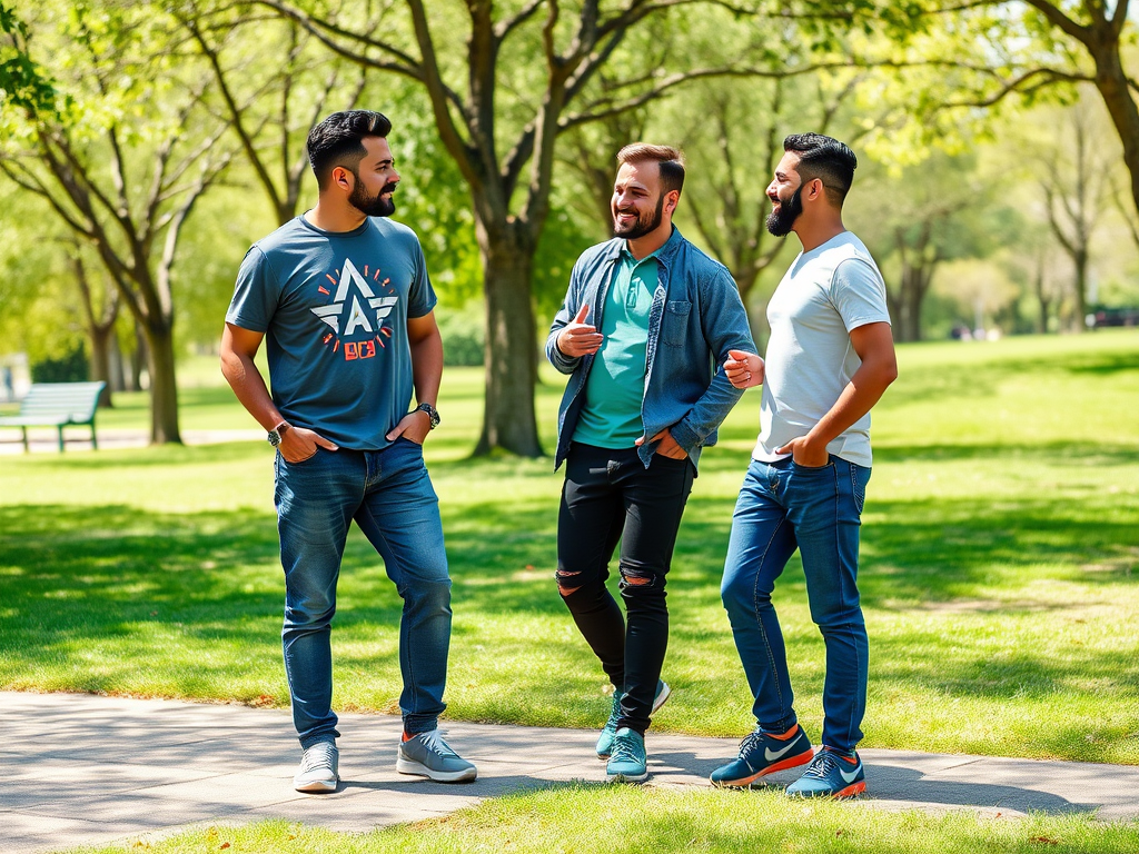 Drie mannen in casual kleding wandelen en praten in een zonnig park met groene bomen om hen heen.