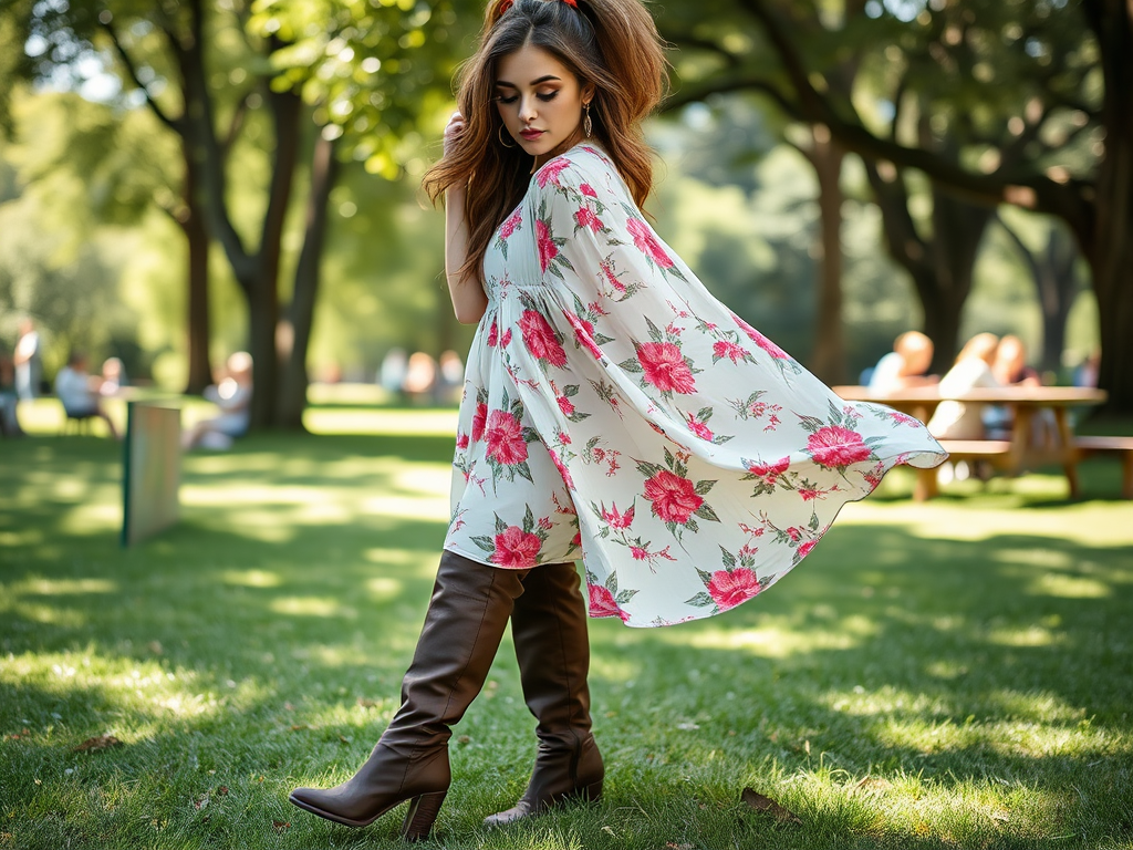 Een vrouw in een bloemenjurk en hoge laarzen poseert speels in een park met groene bomen op de achtergrond.