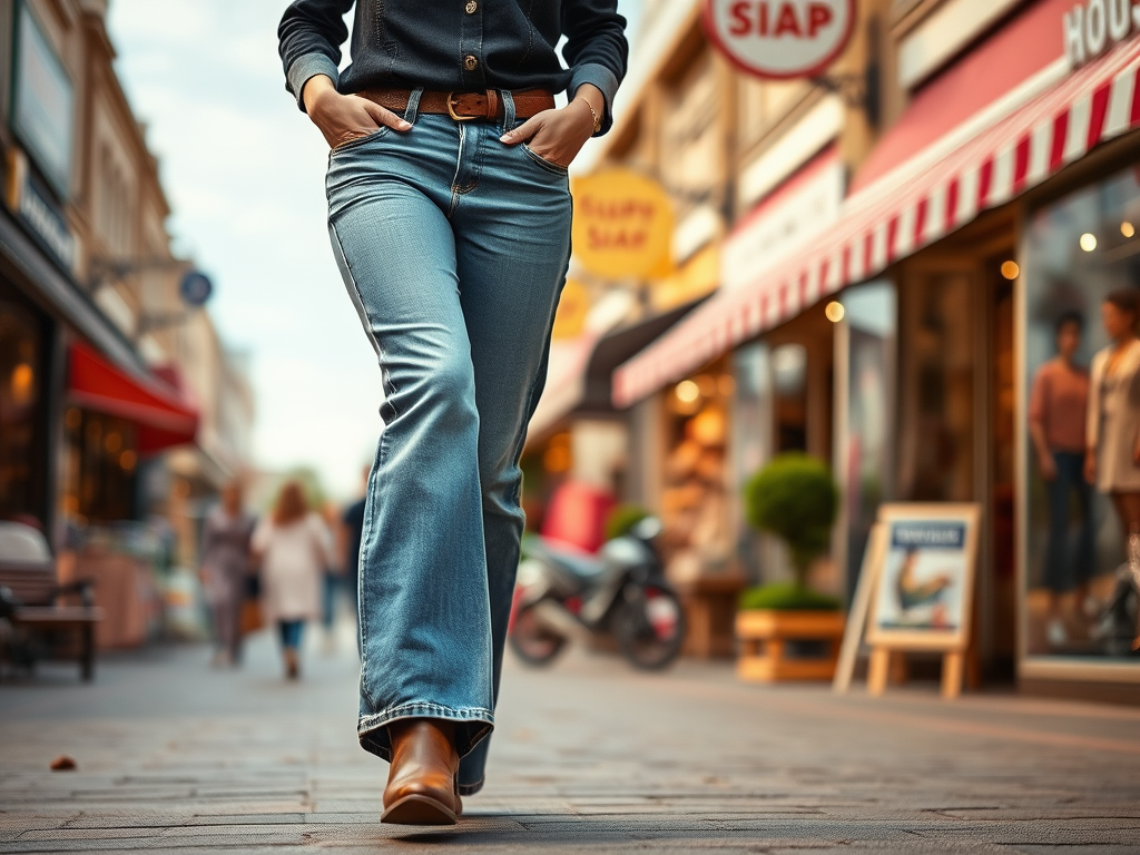 Een vrouw in een straat met winkels, gekleed in spijkerbroek en laarzen, loopt zelfverzekerd voorbij.