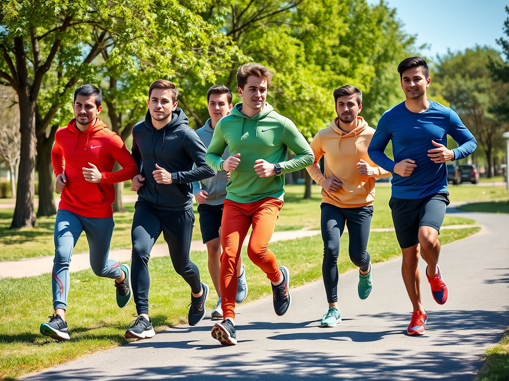 Zes mannen rennen samen in een park, gekleed in kleurrijke sportkleding en met een zonnige achtergrond.